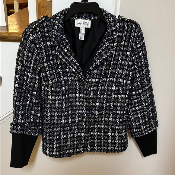 Joseph Ribkoff 10 Black+White Textured Plaid Blazer gathered sleeves - Picture 2 of 16